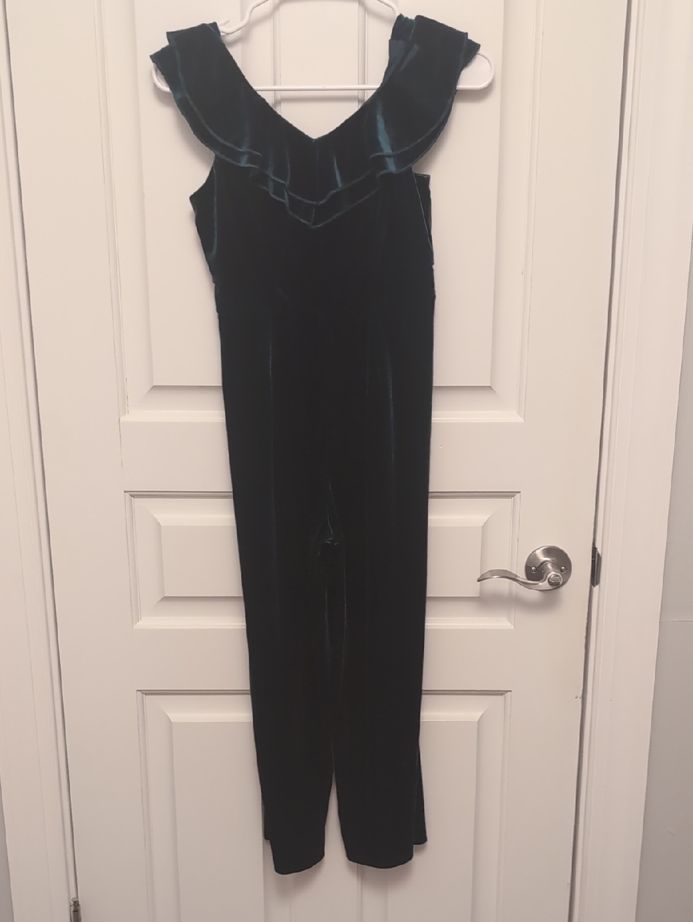 Velvet Ruffle Jumpsuit in Dark Green